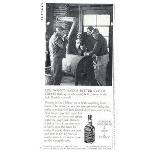 1971 Jack Daniels Tennessee Whiskey Vintage Print Ad Sawmill Wood Stove Wall Art